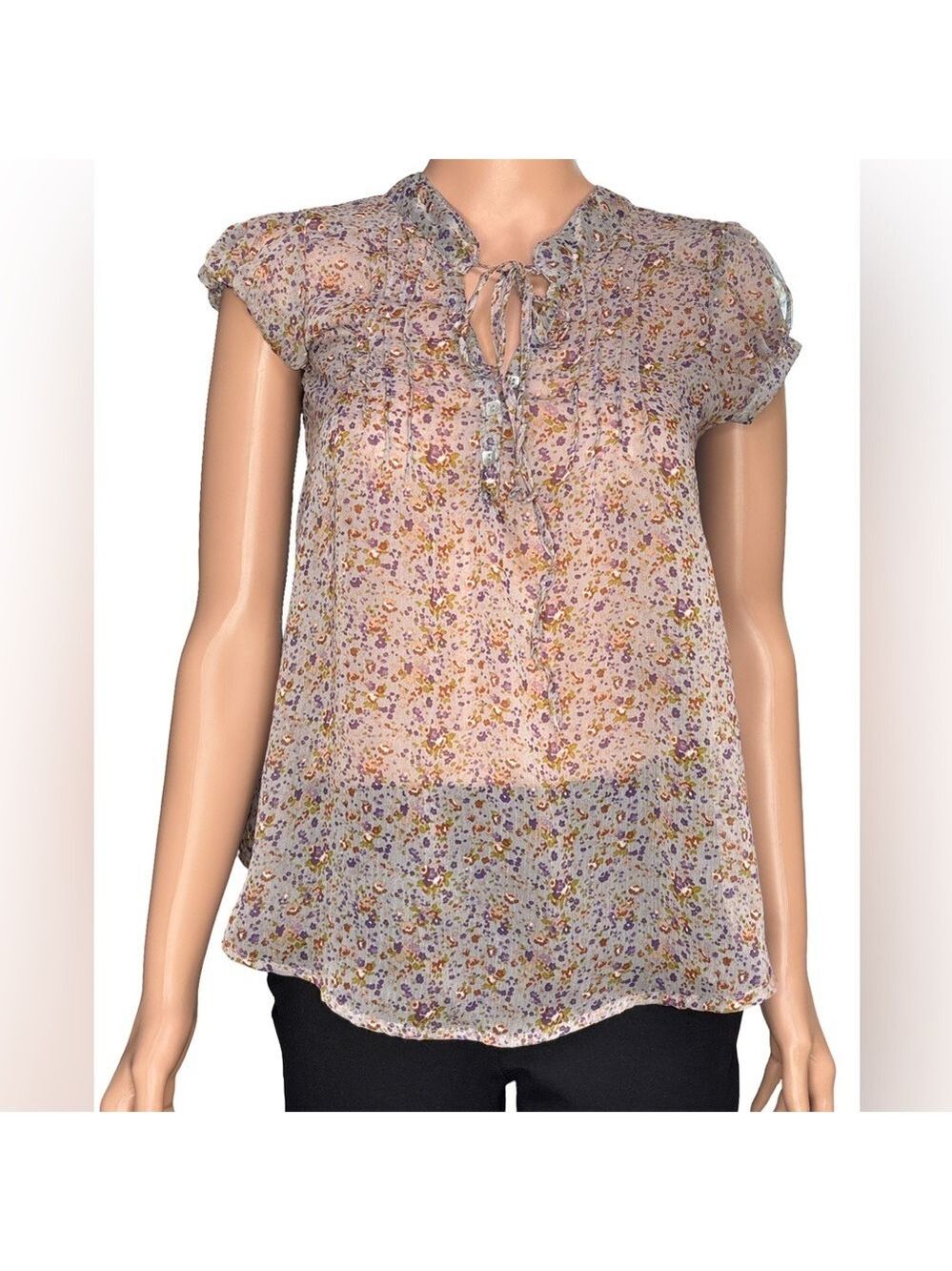 Dmbm Elegant Green Floral Semi Sheer Short Cap Sleeve Blouse Small